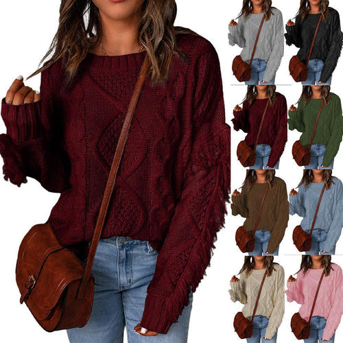 Damen Grobstrick-Pullover mit Zopfstruktur, fransigen Ärmeln und legerer Oversize-Passform Drune