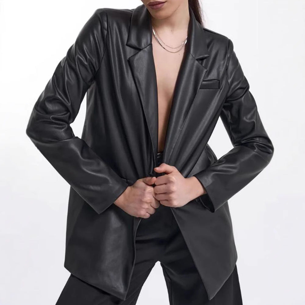 Damen minimalistische und elegante Kunstleder Blazer Drune