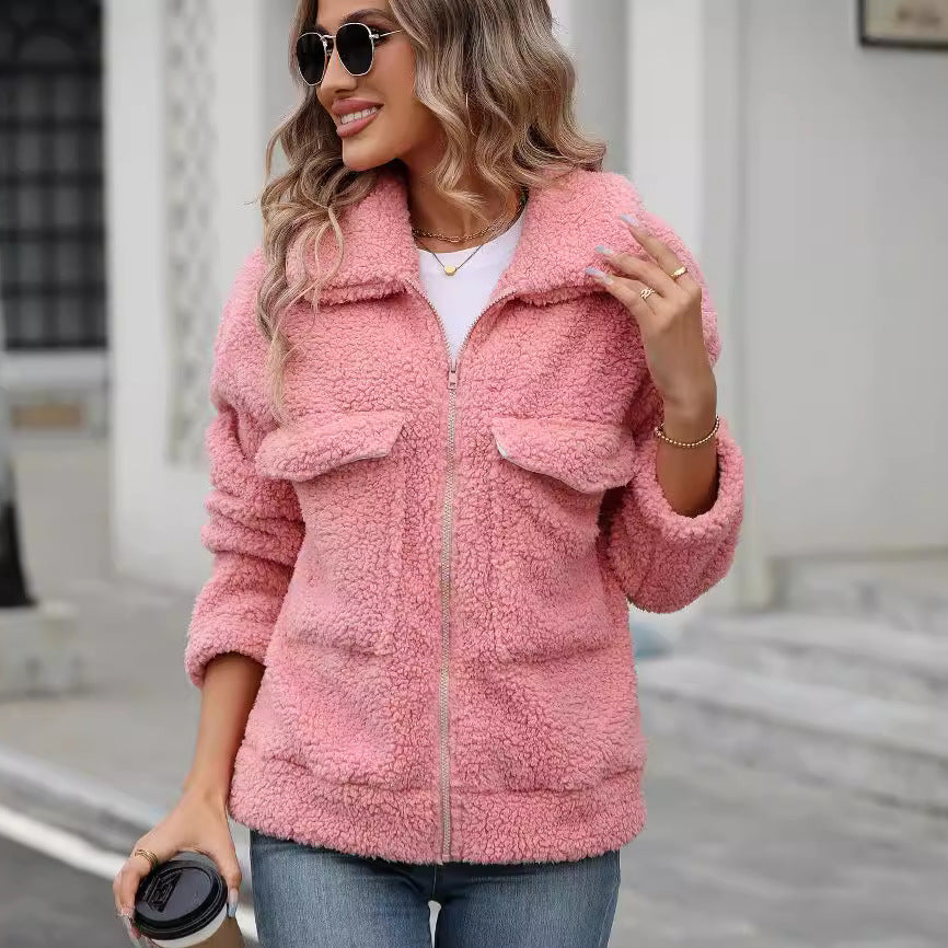 Damen Kuscheljacke mit großen Vordertaschen und Reißverschluss Drune