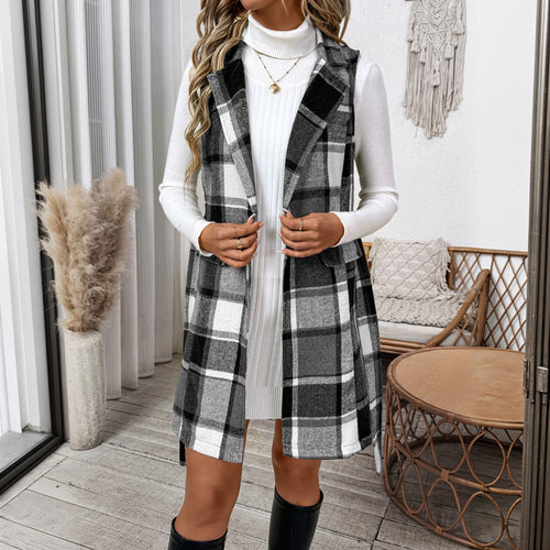 Damen Karierte Langjacke ohne Ärmel Drune