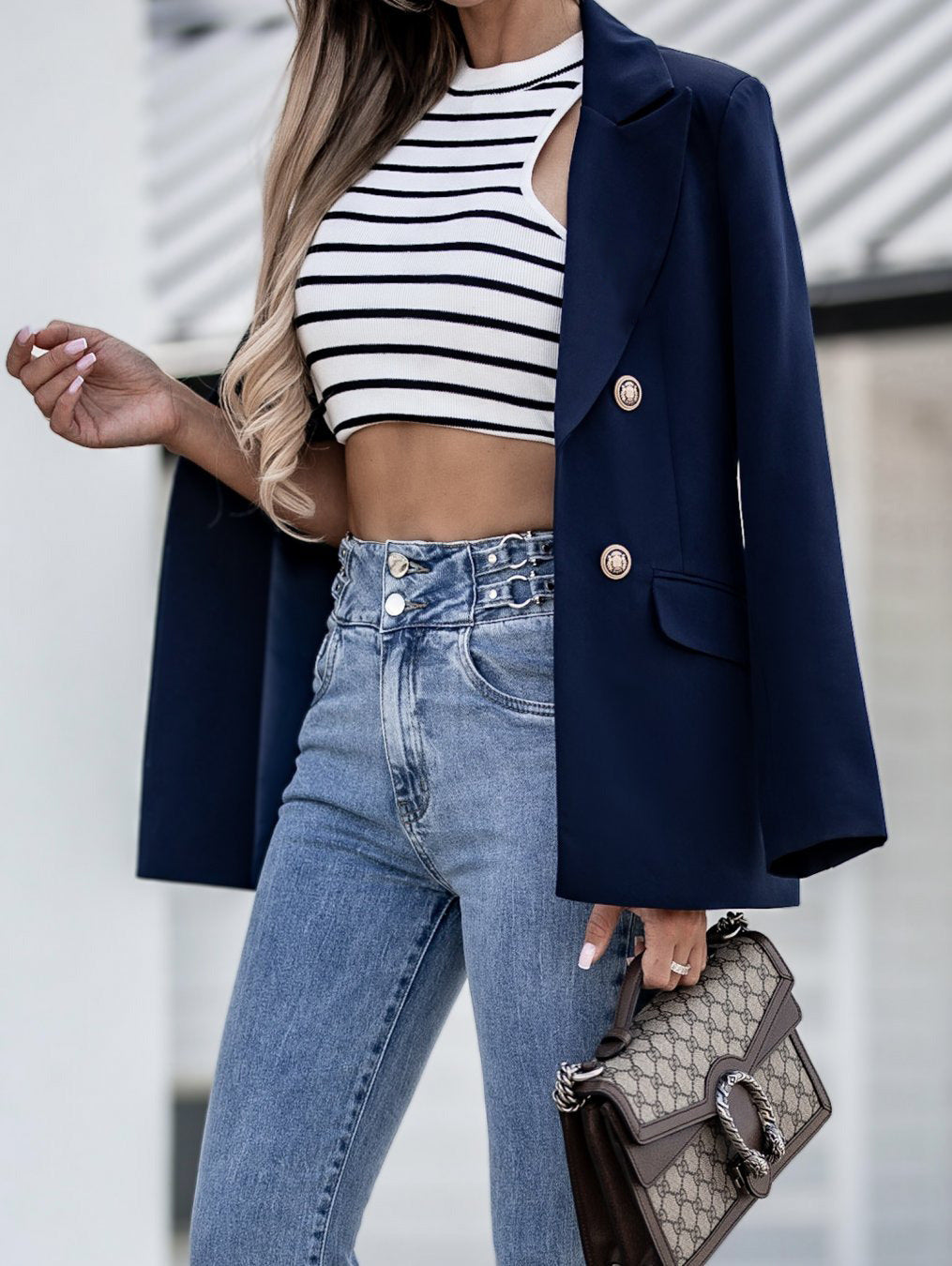 Damen elegante leichte Blazerjacke mit weiten Ärmeln und doppelter Knopfleiste Drune