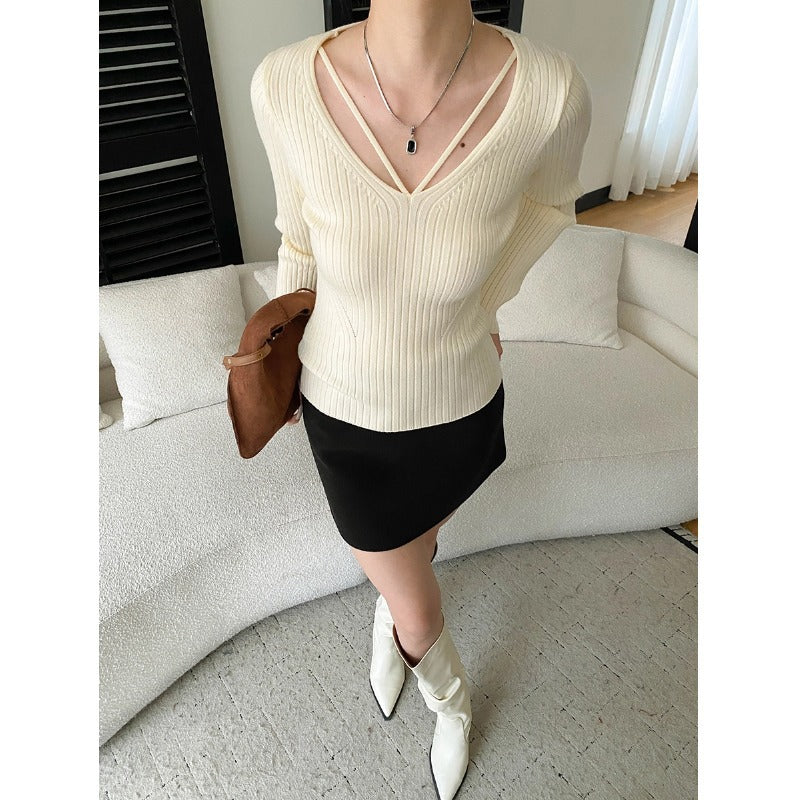 Damen figurbetontes Rippstrickpullover mit V-Ausschnitt und langen Ärmeln Drune