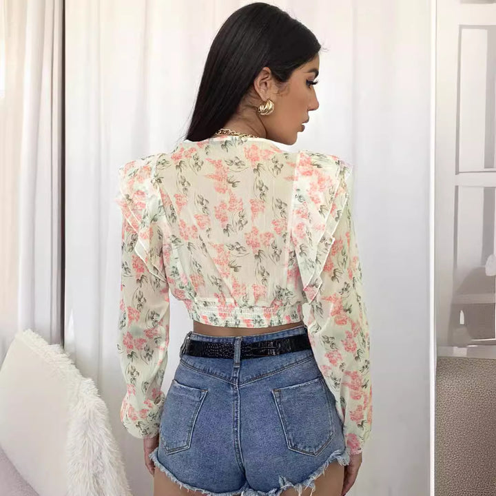 Damen Bluse mit Rüschen und floralem Design Drune