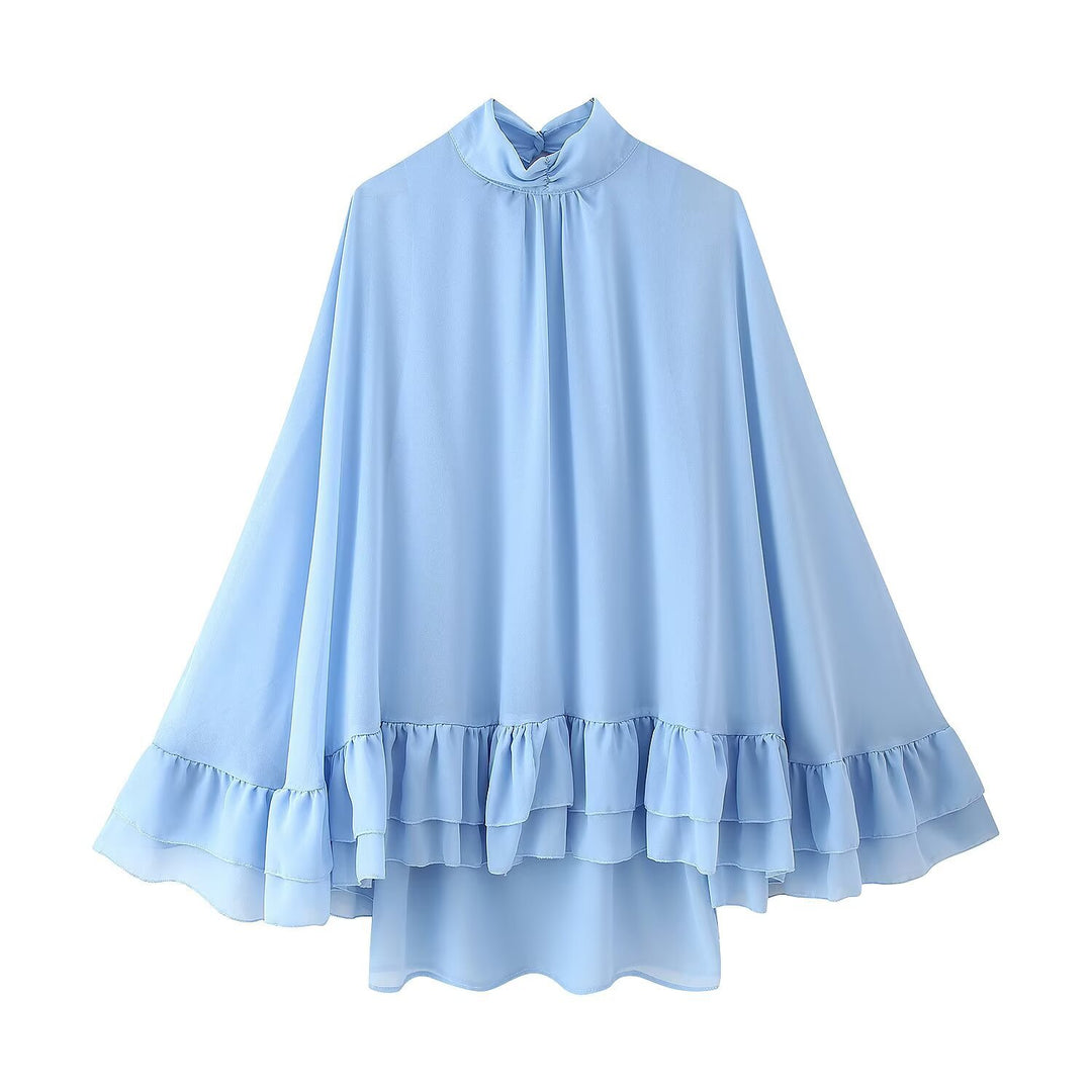 Damen 300+ voluminöses Chiffon‑Cape mit Stehkragen und Stufenvolants Drune