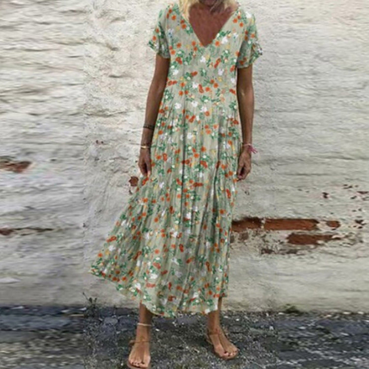 Damen nan V-Ausschnitt-Maxikleid mit feinem Faltenrock, Empire-Passe und Kurzarm Drune