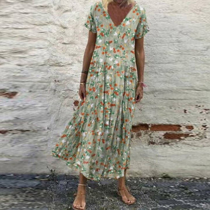 Damen nan V-Ausschnitt-Maxikleid mit feinem Faltenrock, Empire-Passe und Kurzarm Drune