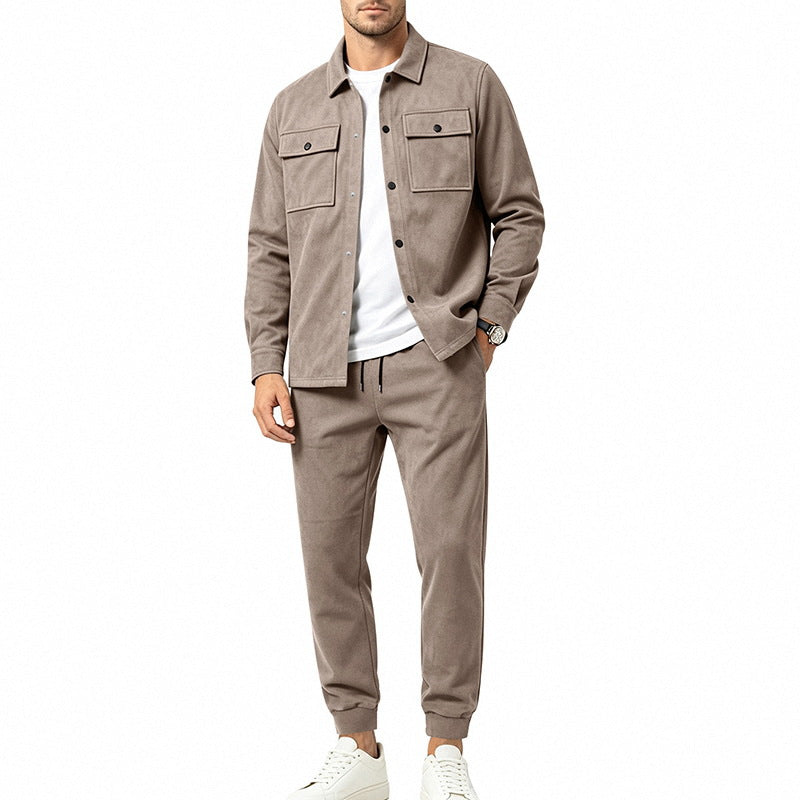 Herren Modernes Overshirt- und Jogginghosen-Set aus Mikrofleece mit Brustklappen Drune