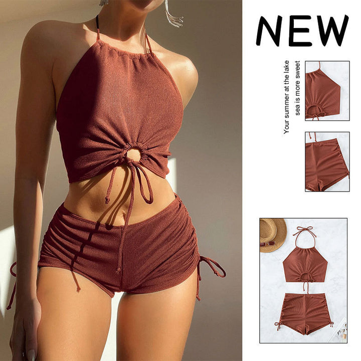 Damen Bikiniset mit gerafftem Crop-Top und freizügigen Shorts Drune
