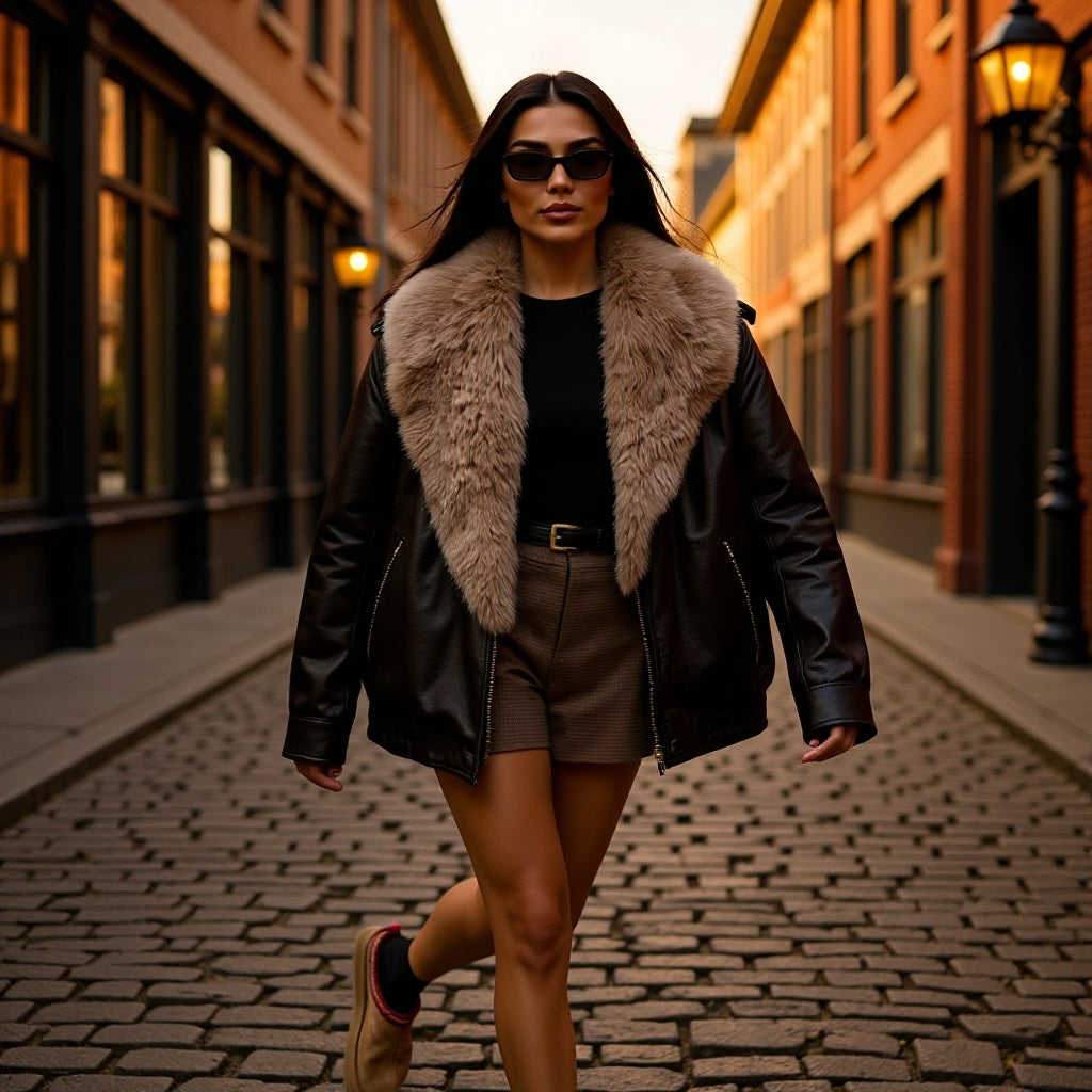 Damen Gefütterter Lederoptik-Blouson mit voluminösem Fellkragen Drune