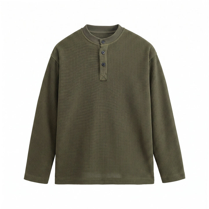 Herren Waffelstrick-Henley Langarmshirt mit Knopfleiste und entspannter Passform Drune