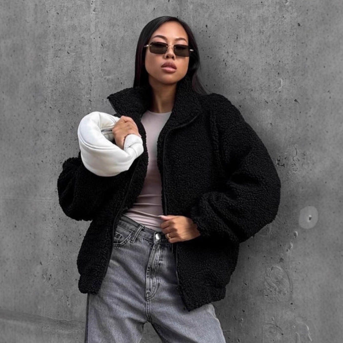 Damen Teddyjacke mit hohem Kragen und voluminösen Ärmeln Drune