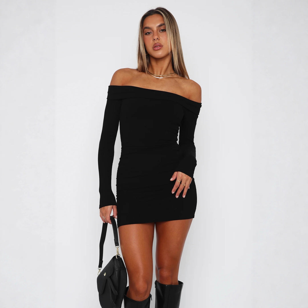 Damen Off-Shoulder Minikleid mit langen Ärmeln und taillierter Passform Drune