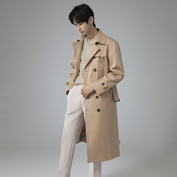Herren Moderner Tech-Trenchcoat mit Doppelreihiger Knopfleiste, Bindegürtel und dezenten Ringdetails Drune