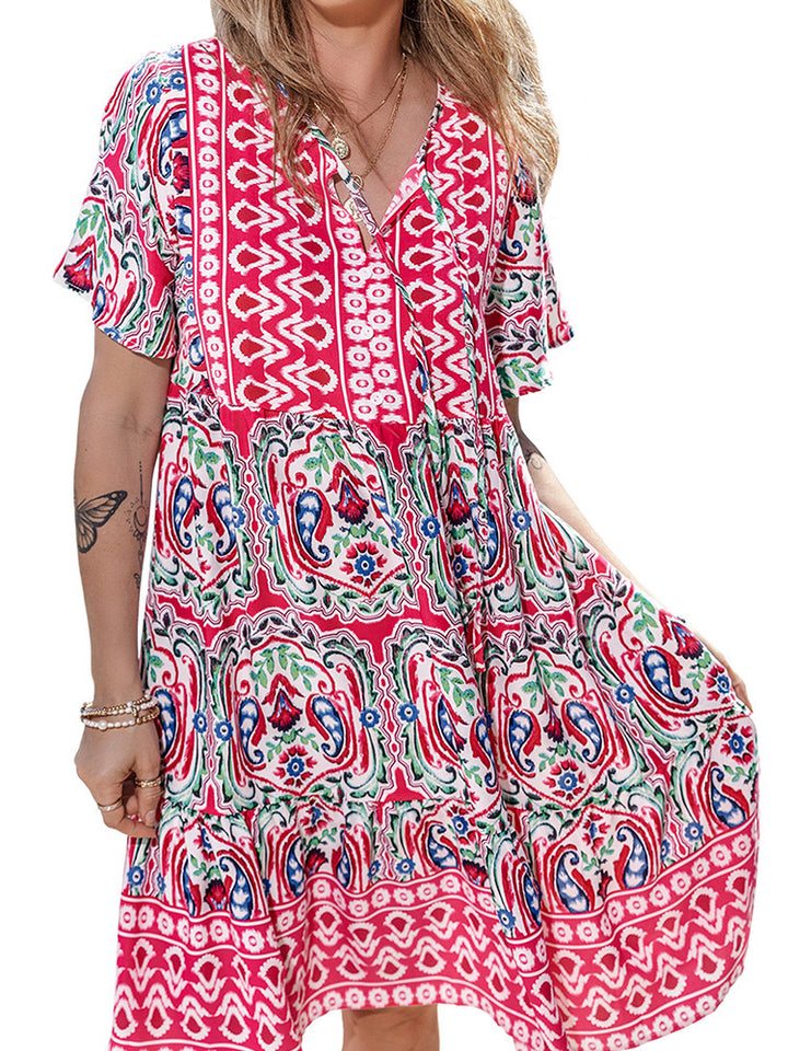 Damen Lockeres Stufen‑Midikleid mit V‑Ausschnitt, Quastenbindeband und Boho‑Print Drune