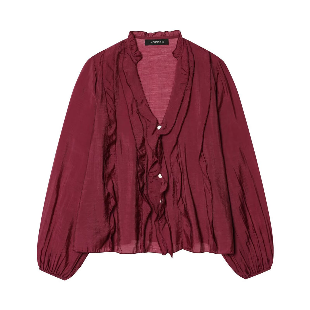 Damen Leichte Chiffon-Bluse mit Volantknopfleiste und Ballonärmeln Drune