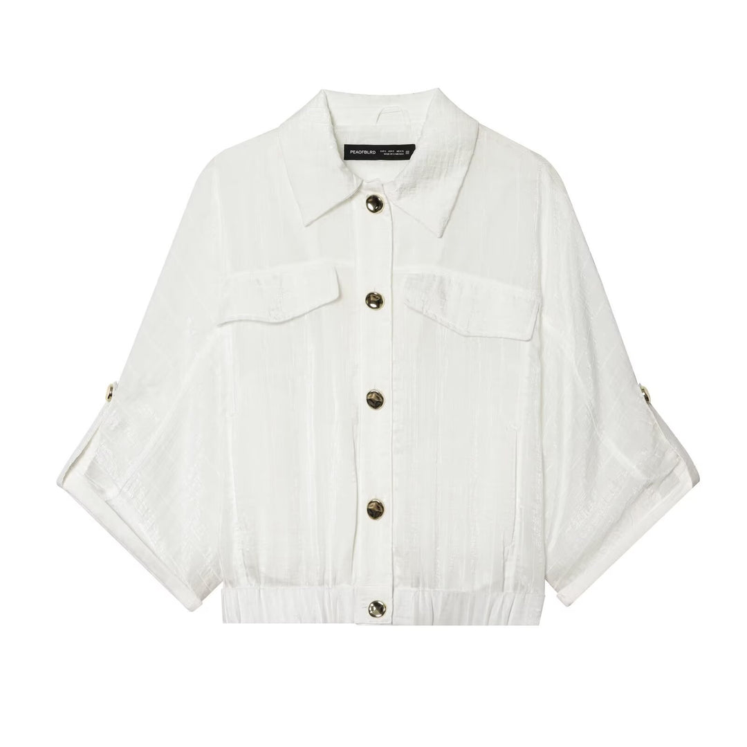 Damen Cropped-Hemdenbluse mit Fledermausärmeln, Brusttaschen und elastischem Taillenbund Drune