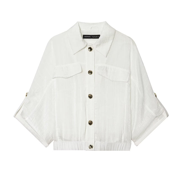 Damen Cropped-Hemdenbluse mit Fledermausärmeln, Brusttaschen und elastischem Taillenbund Drune