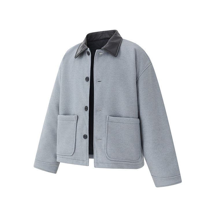 Unisex Kurzblouson im minimalistischen Workwear‑Look aus Wollmix mit Lederoptikkragen Drune