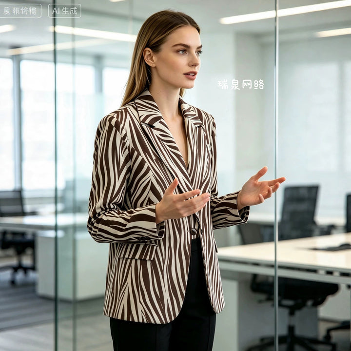 Damen Taillierter Zebra-Print Blazer mit Reverskragen und Pattentaschen Drune