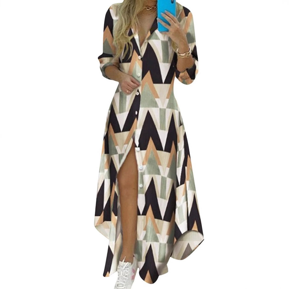 Damen nan knopfbares Maxi-Hemdkleid mit geometrischem Muster, V-Ausschnitt, Kentkragen und hohem Beinschlitz Drune