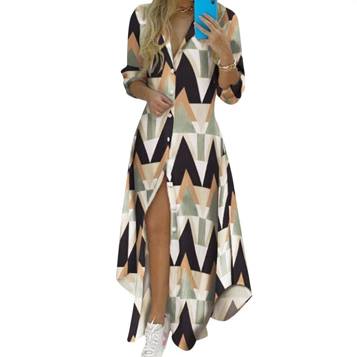 Damen nan knopfbares Maxi-Hemdkleid mit geometrischem Muster, V-Ausschnitt, Kentkragen und hohem Beinschlitz Drune