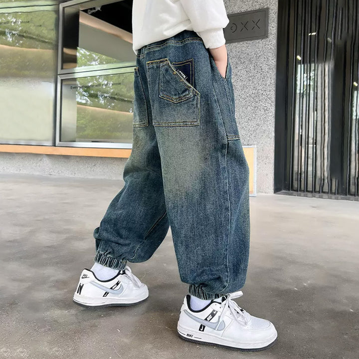 Unisex weite Denim-Hose mit elastischen Bündchen und großen Taschen Drune
