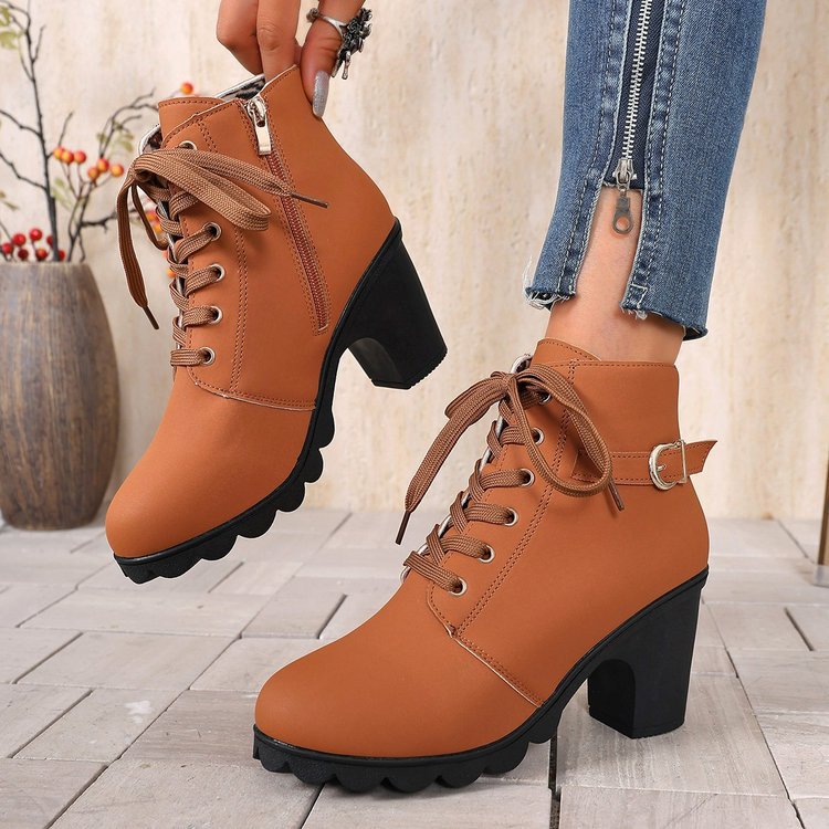 Damen nan knöchelhohe Schnür-Stiefelette mit seitlichem Reißverschluss, dekorativer Gürtelschlaufe, mittelhohem Blockabsatz und profilstarker Laufsohle Drune