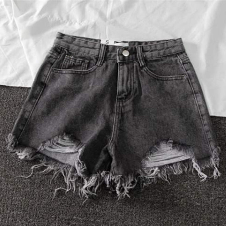 Damen Destroyed Denim Shorts mit hohem Bund und Fransensaum