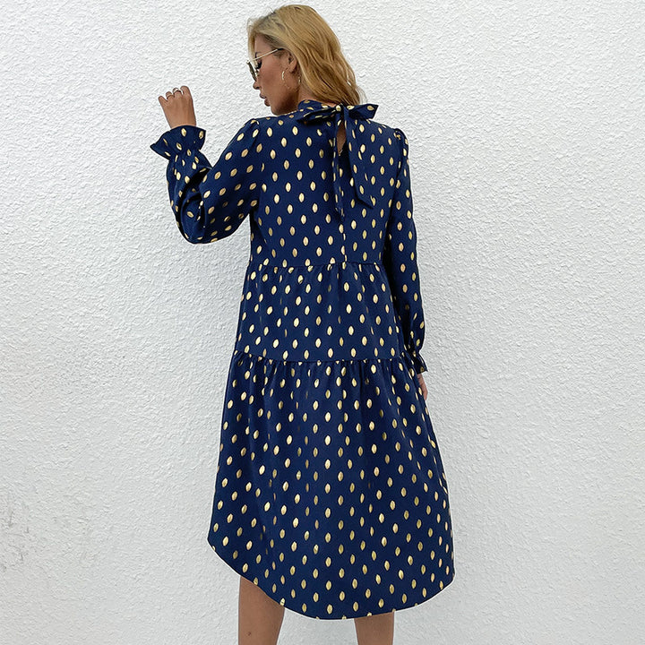 Damen Tailliertes Stufen-Minikleid mit Stehkragen, Puffärmeln und Metallic-Pünktchen Drune