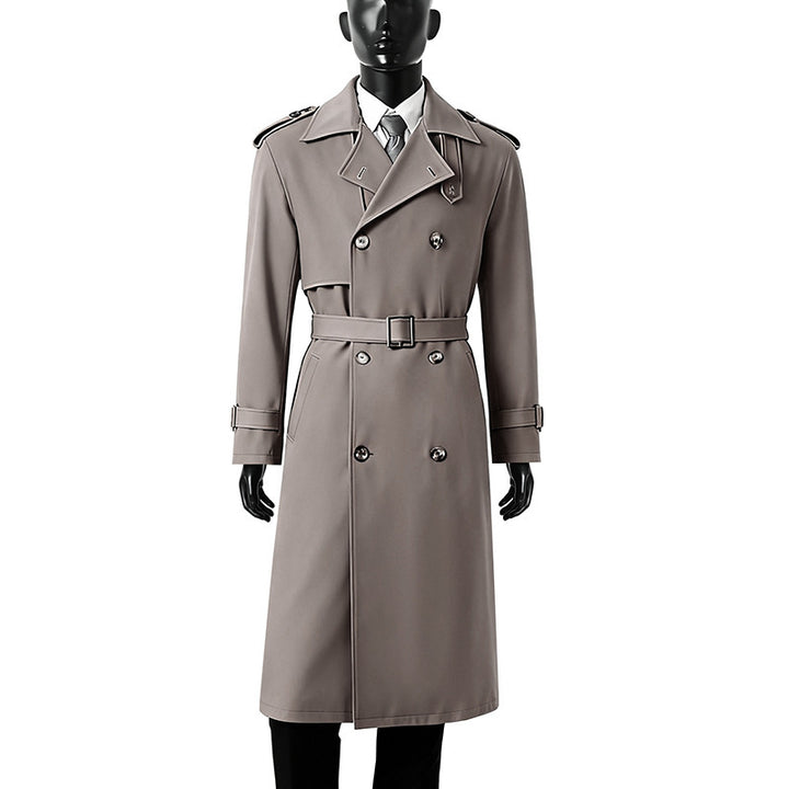 Herren Zeitloser Doppelreihiger Trenchcoat mit Taillengürtel, Schulterklappen und Manschettenriemen Drune