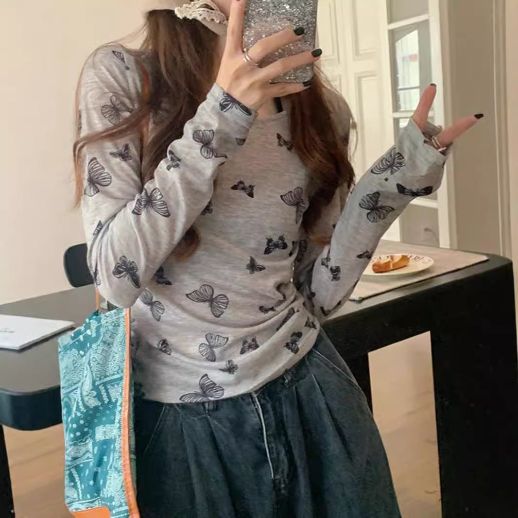 Damen Langarmshirt mit feinem Schmetterlingsmuster Drune