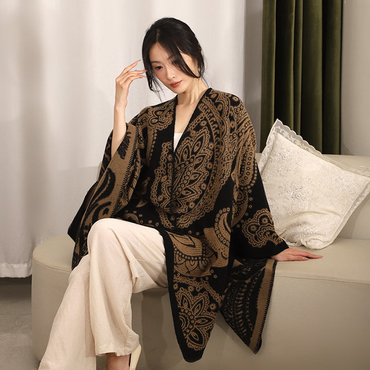 Damen Jacquard-Wollcape mit Paisley-Muster und offenem Überwurf Drune