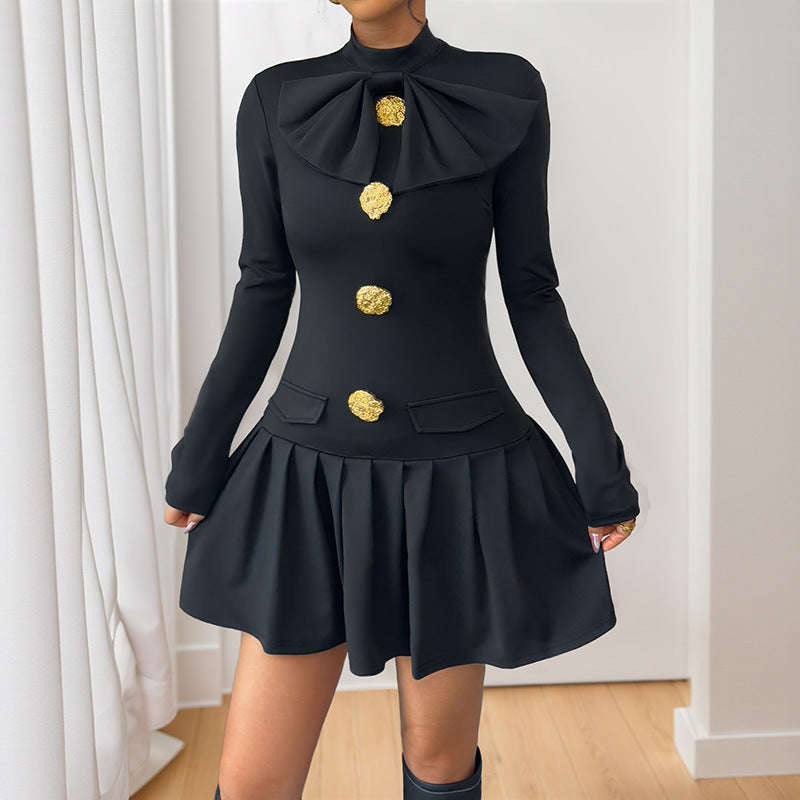 Damen Elegantes Kleid mit voluminösem Rock und kunstvollen Knöpfen Drune