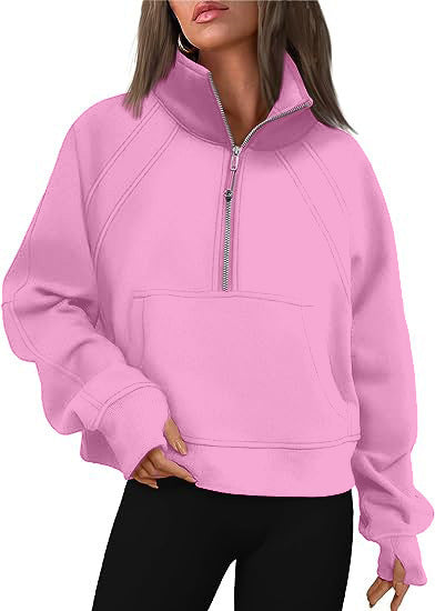 Damen nan weit geschnittenes Kurzpullover mit Stehkragen, halbem Reißverschluss und Kängurutasche Drune