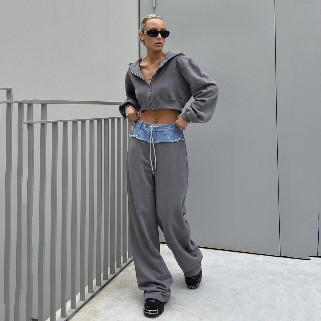 Damen urbanes cropped Sweatjacken-Set mit lässigem Bund Drune
