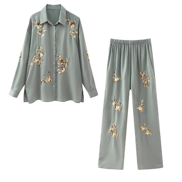 Damen nan weite Satinhose mit elastischem Bund und goldenen Paillettenblüten Drune