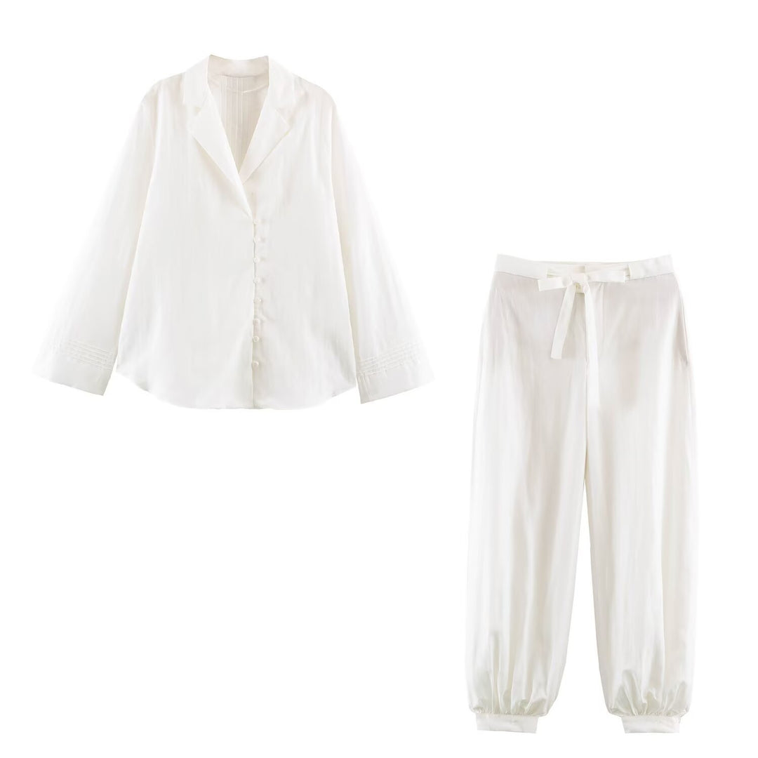 Damen Satin-Lounge-Zweiteiler mit Reversbluse und Highwaist-Joggerhose Drune