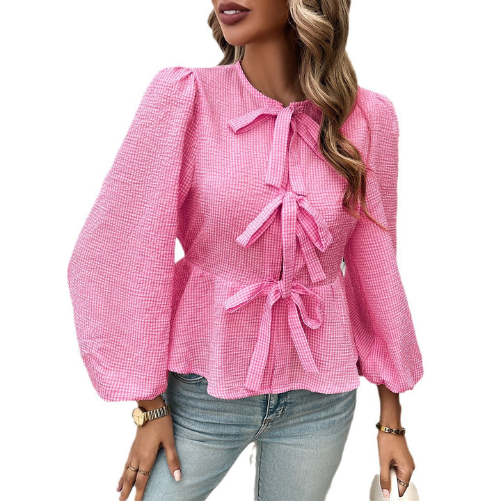 Damen nan geraffte Vichy-Bluse mit dekorativen Schleifenverschlüssen und Ballonärmeln Drune