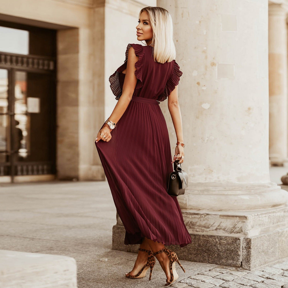 Damen Plissee Maxikleid mit Wickeloptik und taillierbarem Gürtel Drune