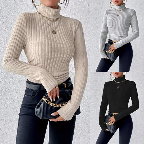 Damen Figurbetonter Rippstrick-Rollkragenpullover mit langen Ärmeln Drune