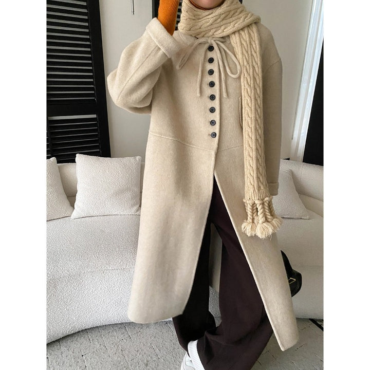 Damen lange Wolljacke mit Knopf- und Kordelzugdetails Drune