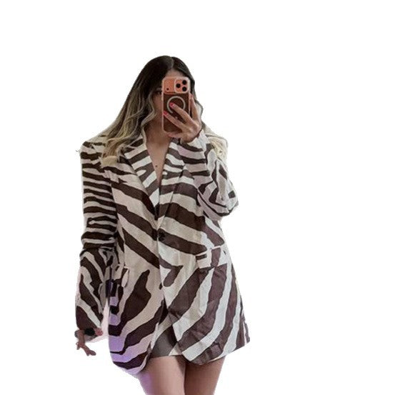 Damen Blazerkleid im Zebra-Print mit markanter Schulterpartie & breitem Taillengürtel Drune
