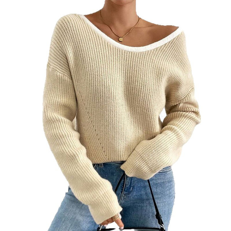 Damen Strickpullover mit V-Ausschnitt und dekorativen Schleifen Drune