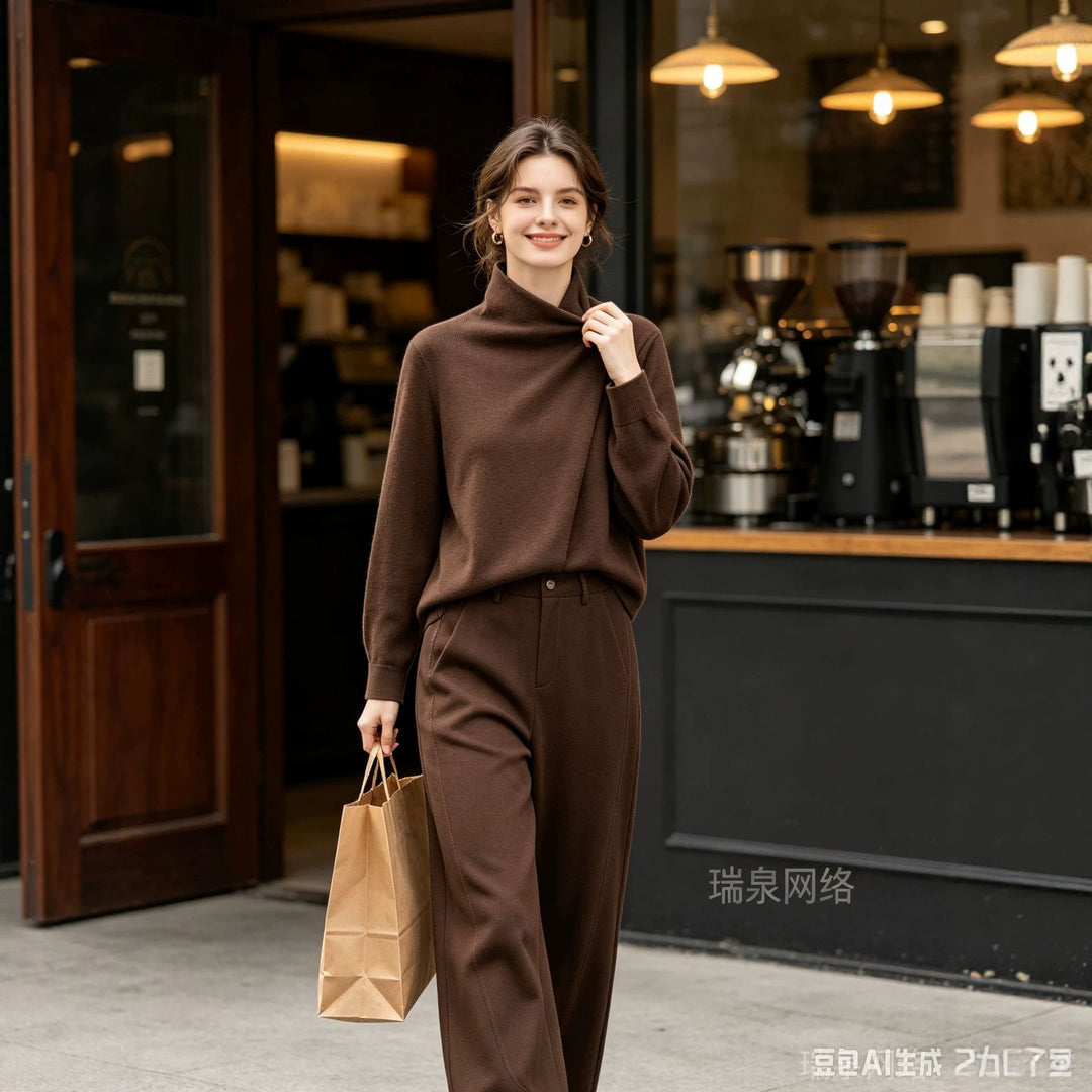 Damen Zweiteiliges Ensemble mit asymmetrischem Rollkragenoberteil und weiter Hochbundhose Drune