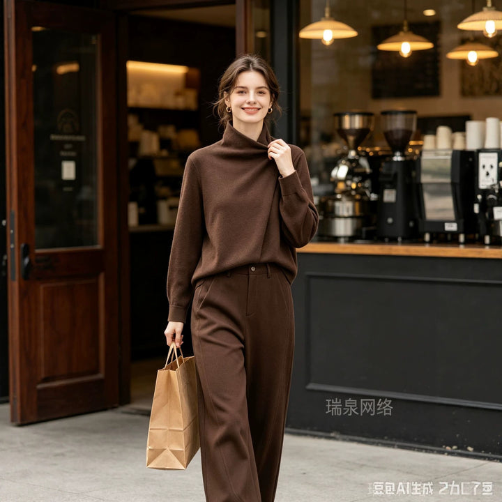 Damen Zweiteiliges Ensemble mit asymmetrischem Rollkragenoberteil und weiter Hochbundhose Drune