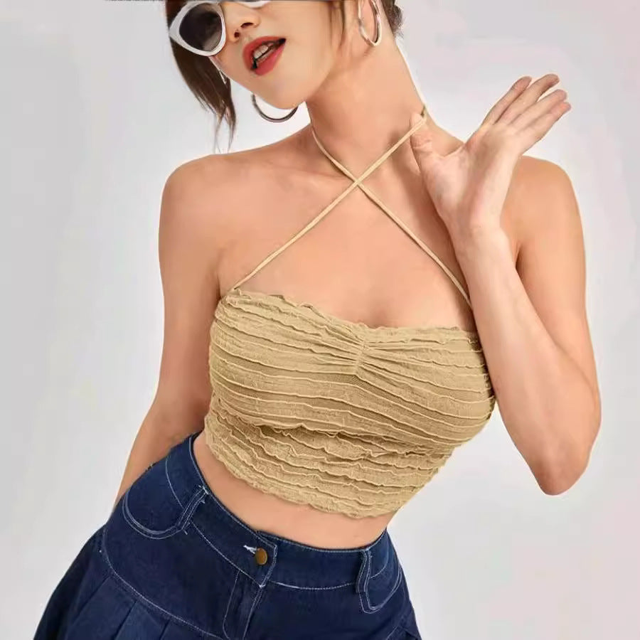 Damen Crop-Top mit Rüschendesign und zarten Trägern Drune