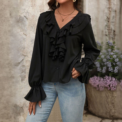 Damen feminine Rüschenbluse mit V-Ausschnitt Volantreihe und Glockenärmeln Drune