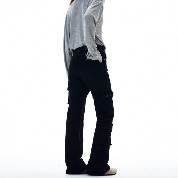 Damen Cargo-Flared-Jeans mit hoher Bundlinie, Utility-Taschen und Beinschnalle Drune