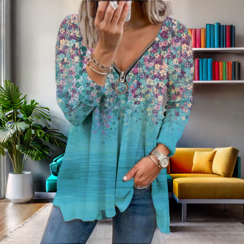 Damen Langarmshirt mit farbenfrohem Blütenmuster und modernem Zipper Drune
