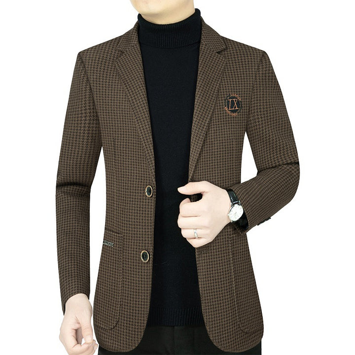Herren Slim-Fit Sakko mit Hahnentritt-Muster und Wappen-Emblem Drune